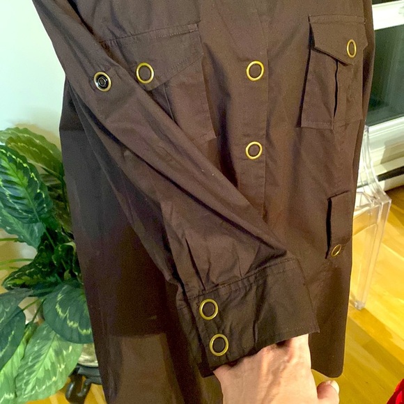 Y2K Bandolino stretch  brown jacket w/ antique brass snaps, belt loops (no belt) - Picture 7 of 12